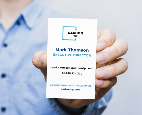 Mark Thomson, CarbonTP Managing Director response to new business cards: "The vertical layout is different. It works for us because what we offer our clients is different".